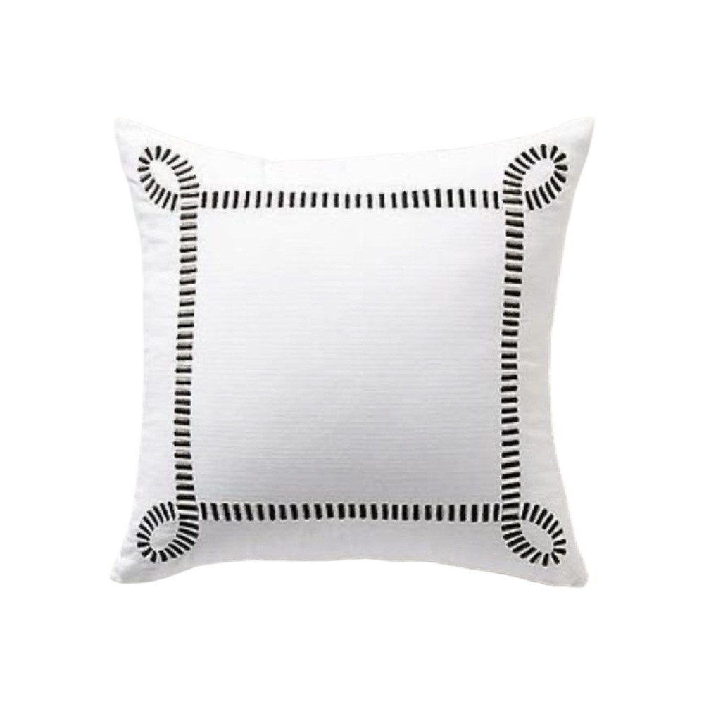 Anthropologie‎ Black Embroidered Trim White Cotton Decorative Pillow Cover 18x18